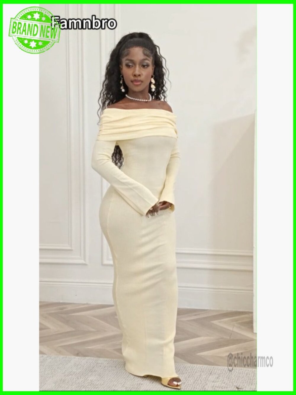 Sexy Off Shoulder Crochet Bodycon Maxi Dress Long Sleeve Knit Party - Picture 7 of 7
